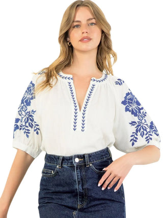 White Embroidered Detail Puff Sleeve Top