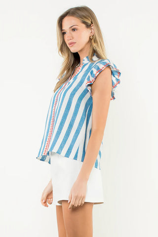 Flutter Sleeve Striped V-Neck Top