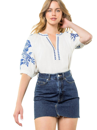 White Embroidered Detail Puff Sleeve Top
