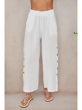 Wide Leg Side Button Linen Pants